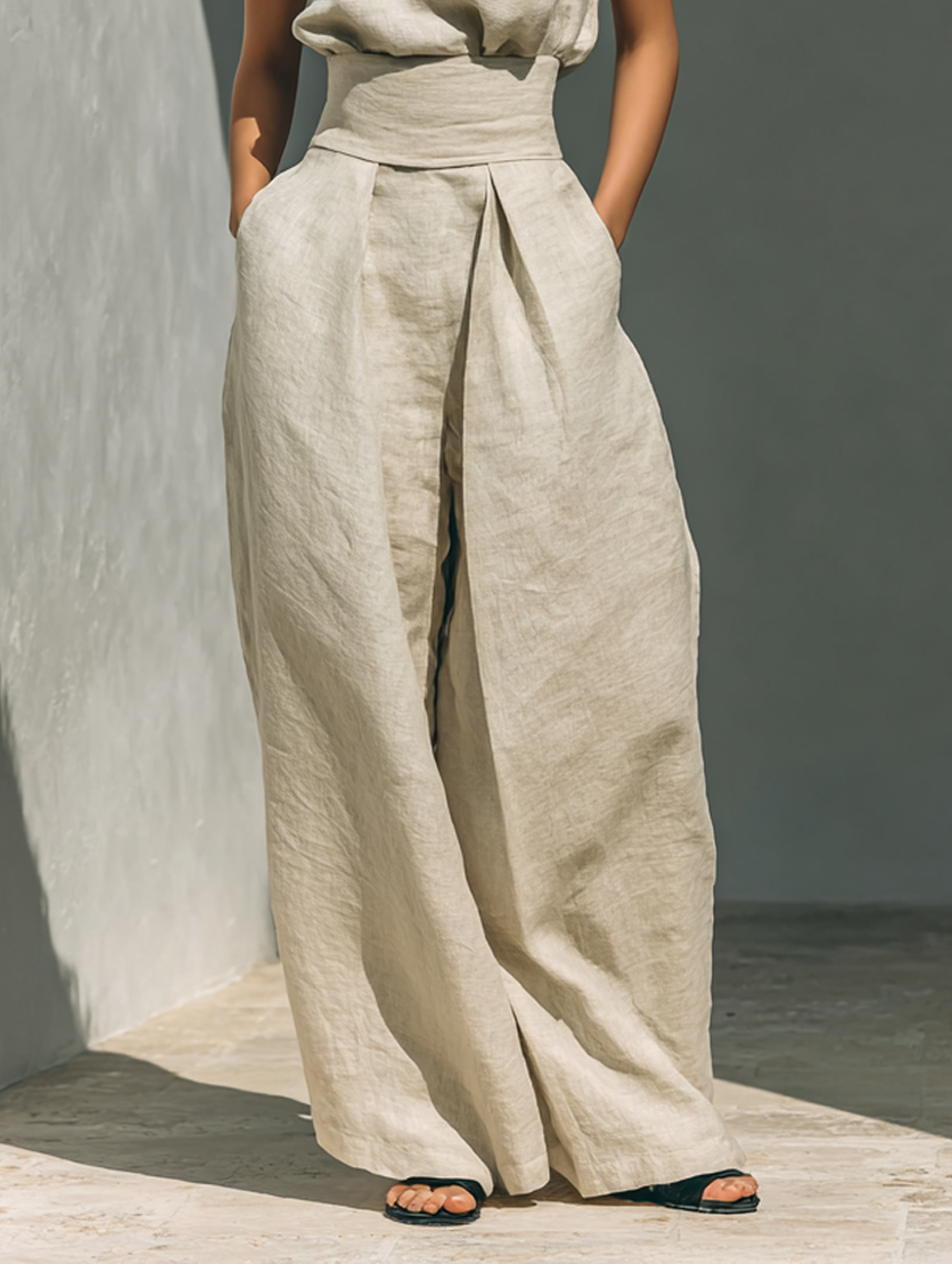 Tatiana | Kvinnors minimalistiska set med ärmlös blus och vida byxor