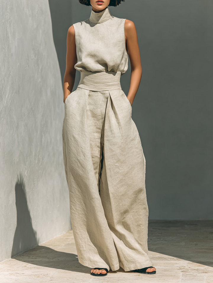 Tatiana | Kvinnors minimalistiska set med ärmlös blus och vida byxor