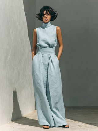 Tatiana | Kvinnors minimalistiska set med ärmlös blus och vida byxor