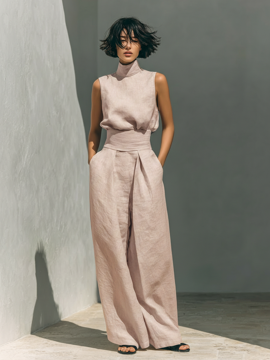 Tatiana | Kvinnors minimalistiska set med ärmlös blus och vida byxor