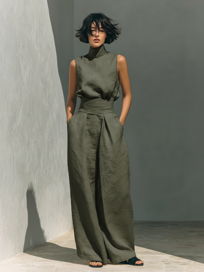 Tatiana | Kvinnors minimalistiska set med ärmlös blus och vida byxor