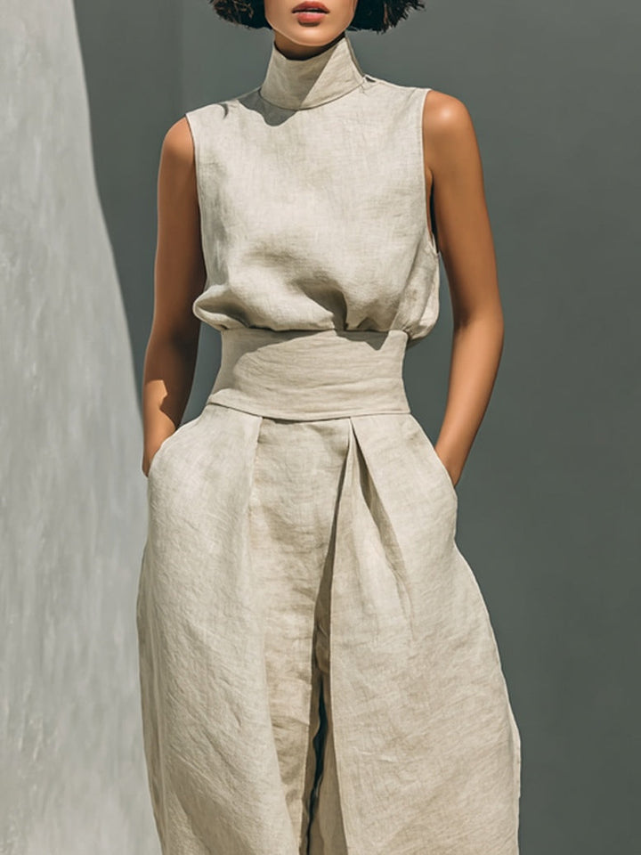 Aurora | Tvådelad beige set med ärmlös topp och vida byxor